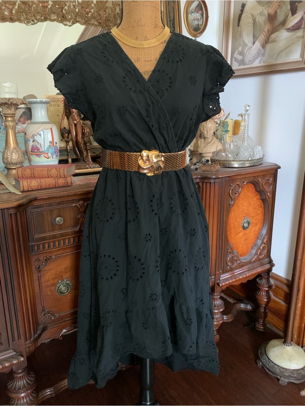 Vintage Valentina Naldi 40s/50s-inspo Black Cotton Eyelet Boho Tiered Dress